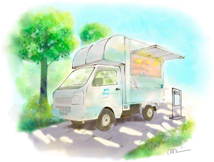 木立の中に停車するquatreのキッチンカーのイラスト